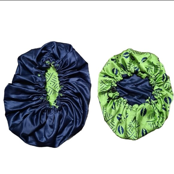 Unisex Double Layer Satin Hair Bonnet in Green Cowrie Print w/ Adjustable Band - Picture 8 of 8